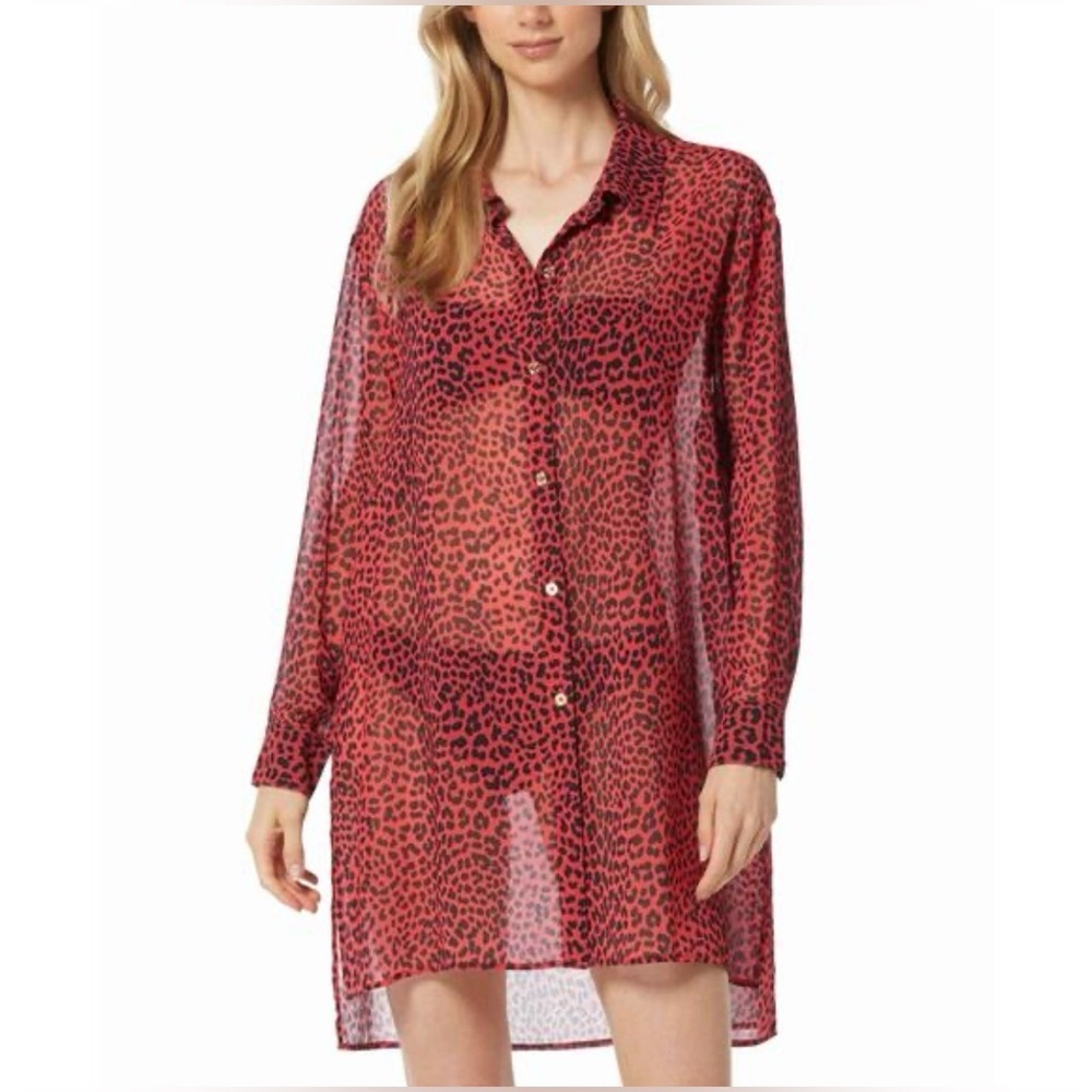 Michael Kors Sheer Animal Print Cover-Up Shirt Sea Coral L NWT Beach Swim